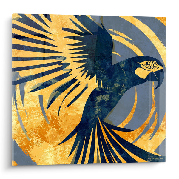 Tableau Perroquet ailes déployées bleu marine et doré - Envol solaire - Edition Perroquet