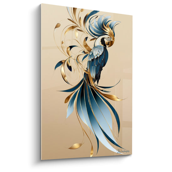 Tableau Perroquet stylisé bleu doré et beige - Élégance dorée - Edition Perroquet