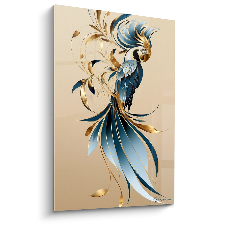 Tableau Perroquet stylisé bleu doré et beige - Élégance dorée - Edition Perroquet