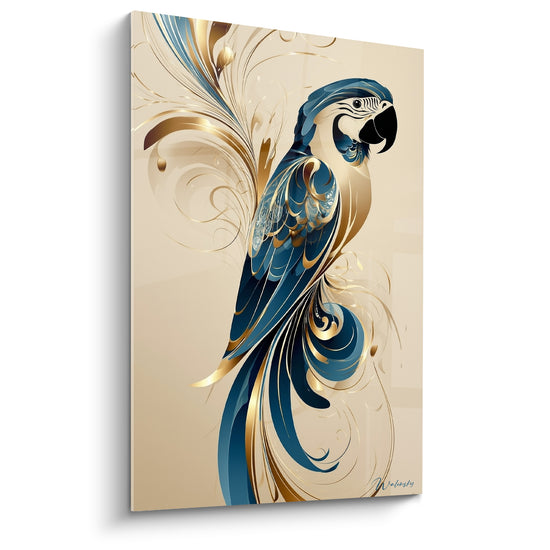 Tableau Ara bleu marine aux volutes dorées - Élégance ornementale - Edition Perroquet