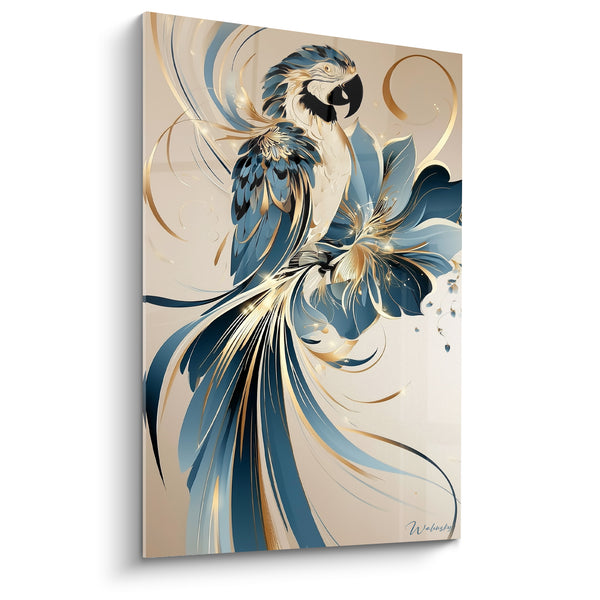 Tableau Perroquet stylisé bleu et doré aux plumes fleuries - Grâce dorée - Edition Perroquet