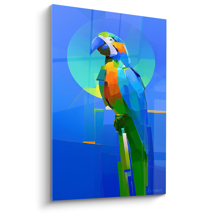 Tableau Ara bleu et vert au cercle turquoise géométrique - Halo cubiste lumineux - Edition Perroquet