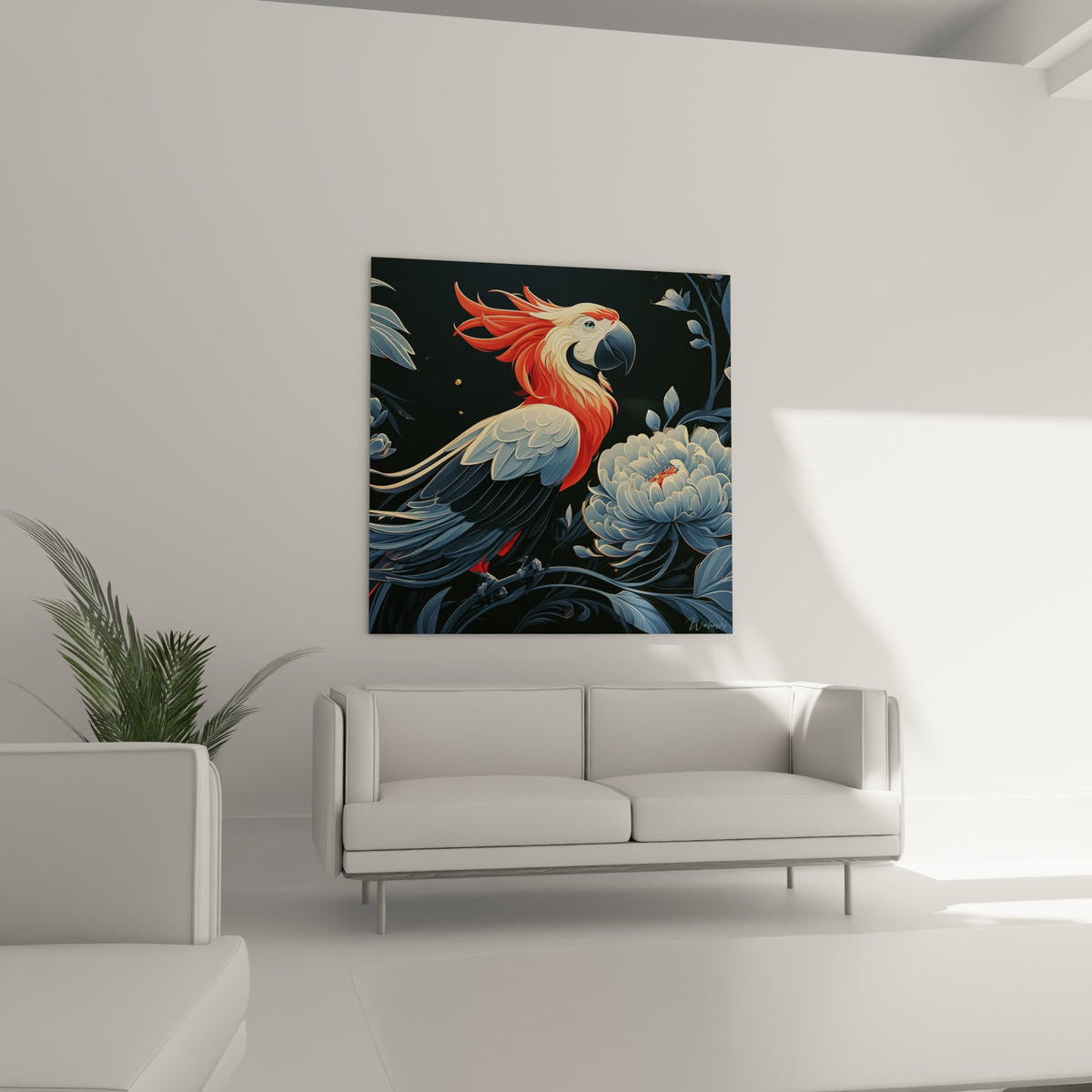 Oiseau exotique rouge et bleu nuit posé au-dessus d'un canapé dans un salon lumineux