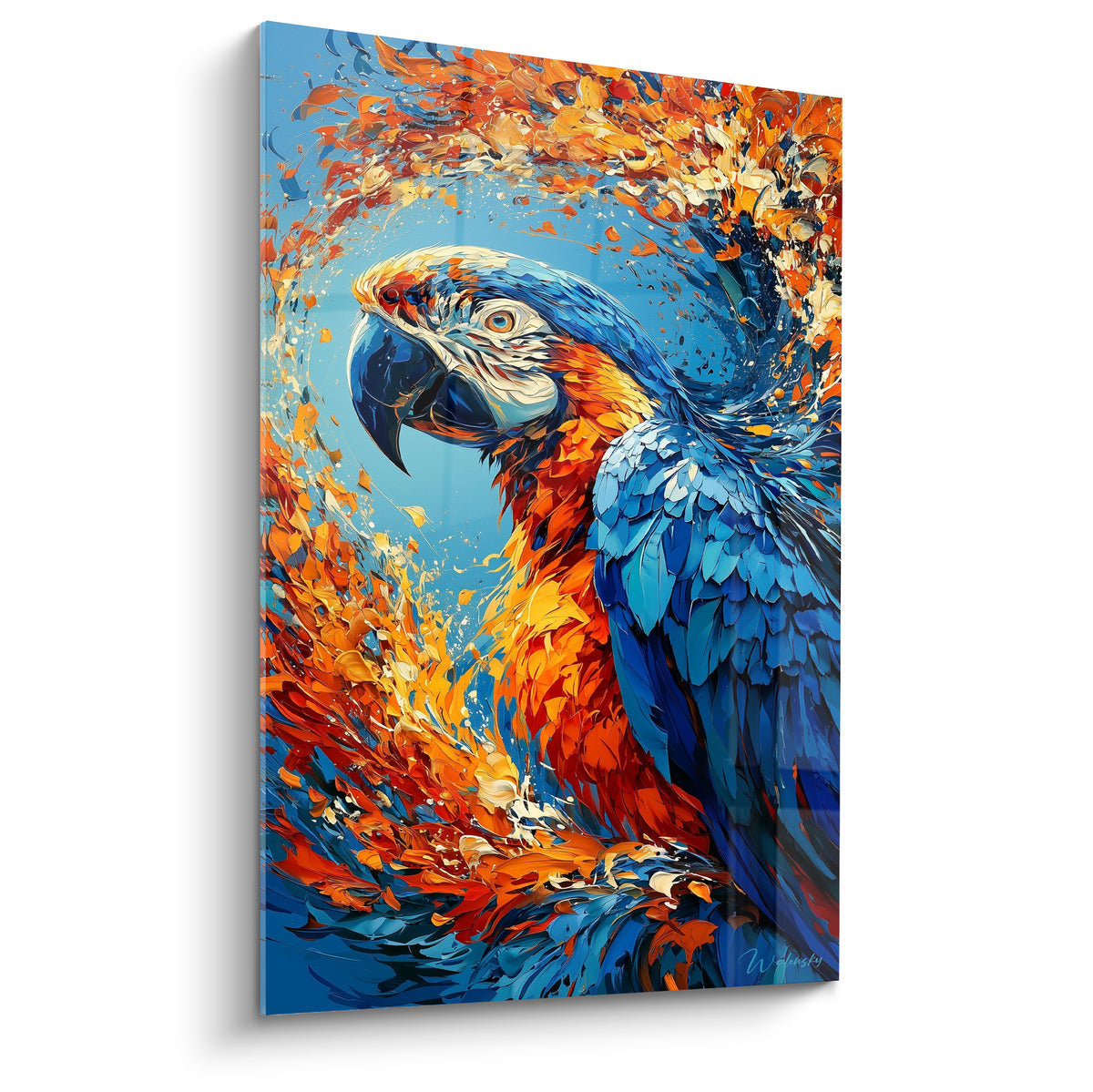 Ara bleu roi au bec noir massif, entouré d'un tourbillon de plumes orange et dorées éclatantes