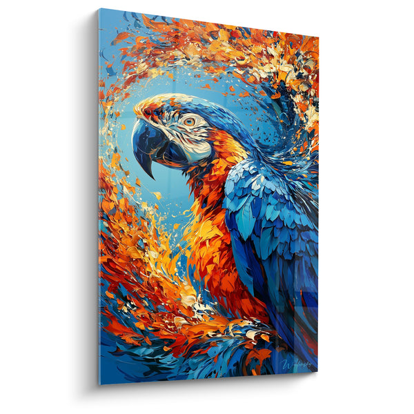 Tableau Ara bleu et orange en spirale tourbillonnante - Vortex de plumes - Edition Perroquet