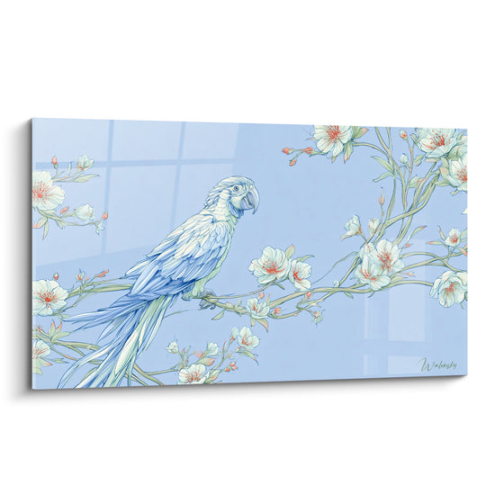Perroquet bleu pastel et blanc perché sur une branche fleurie, trait fin façon aquarelle