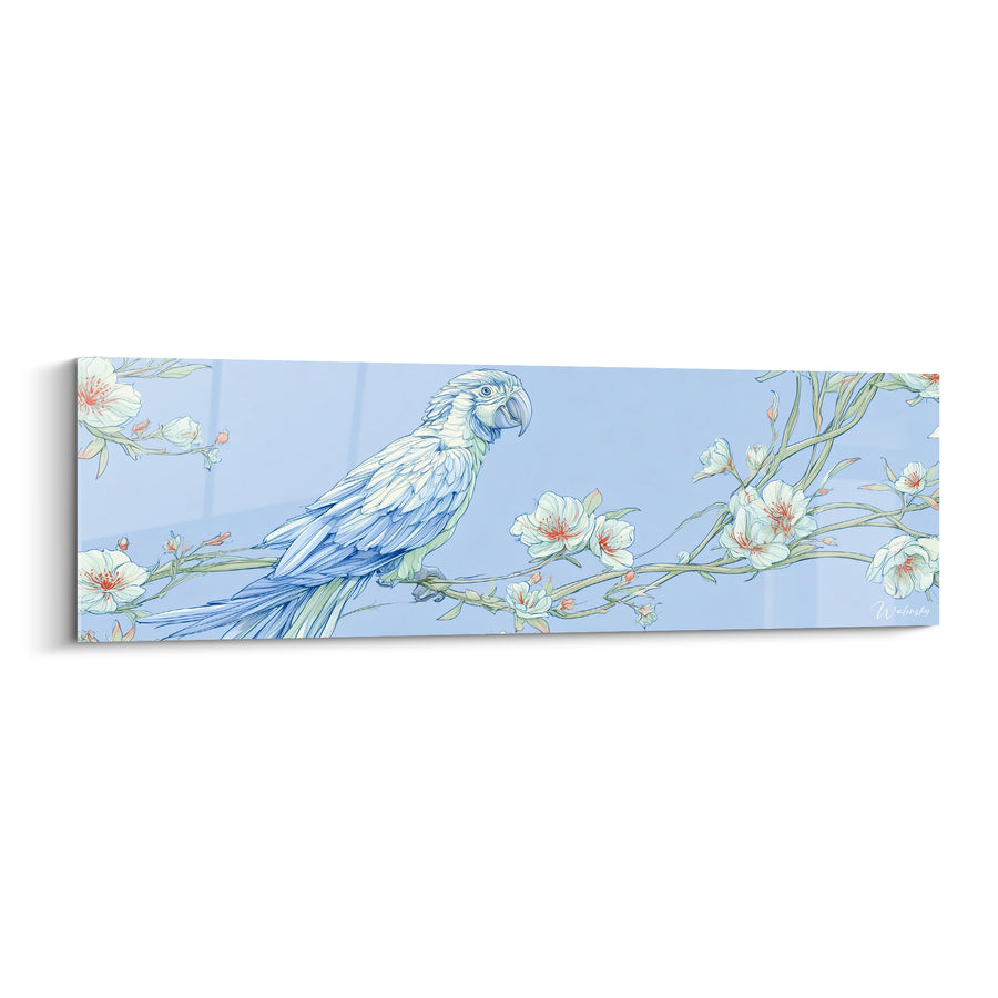 Tableau Perroquet bleu pâle et blanc près de fleurs de cerisier - Branche fleurie printanière - Edition Perroquet