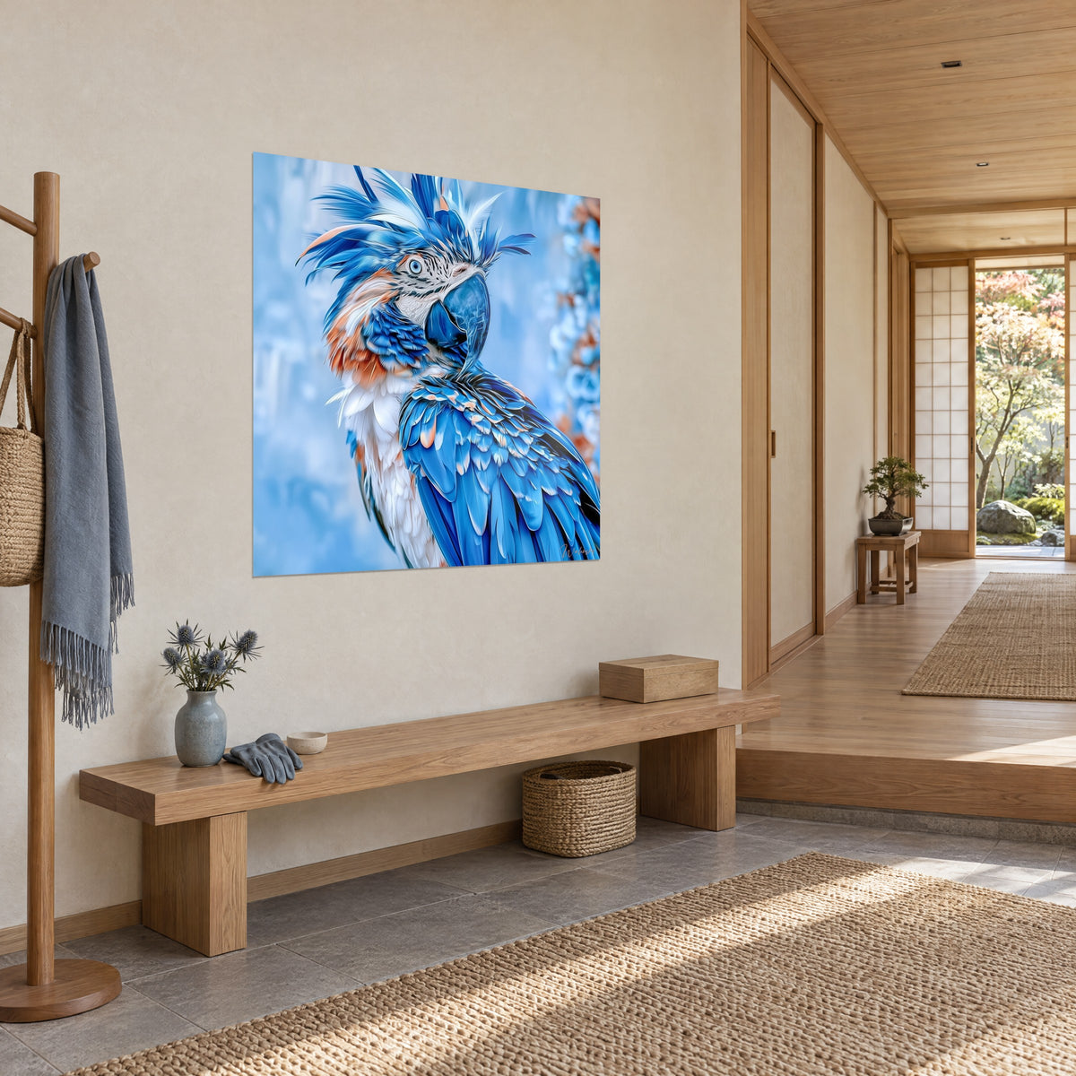 Wall art of a macaw with a midnight-blue curved beak, white throat and copper nape, hung in a light wooden hallway