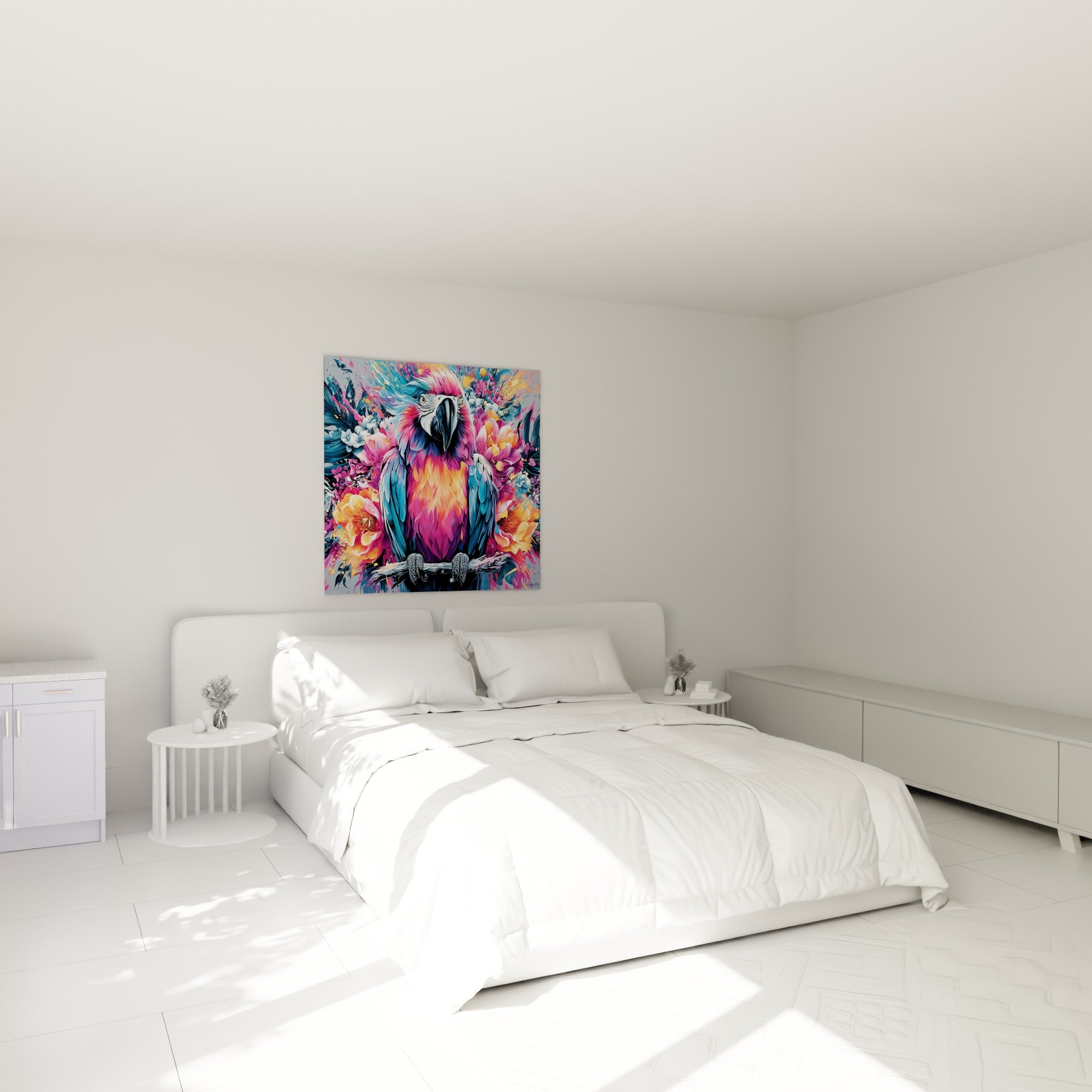 Ara coloré en rose magenta et bleu turquoise, accroché au-dessus d'un lit dans une chambre claire