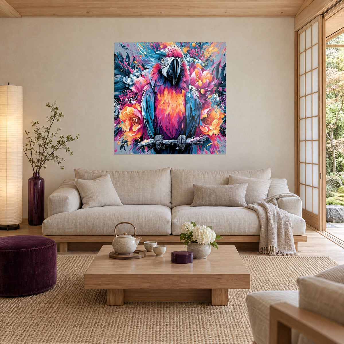 Tableau ara rose et bleu perché sur une branche, plumes orange et fleurs pivoines éclatantes, au-dessus d'un canapé dans un salon lumineux