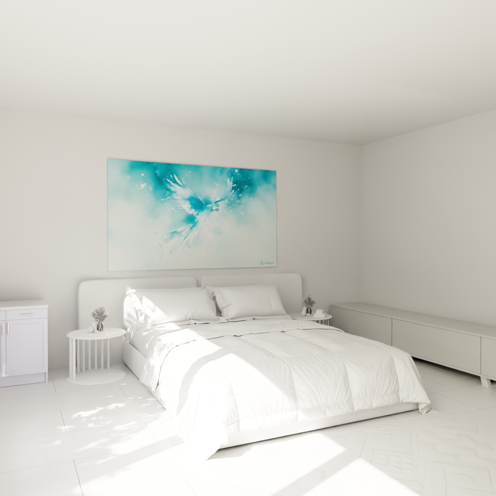 Oiseau bleu pétrole et blanc en plein vol accroché au-dessus d'un lit dans une chambre claire