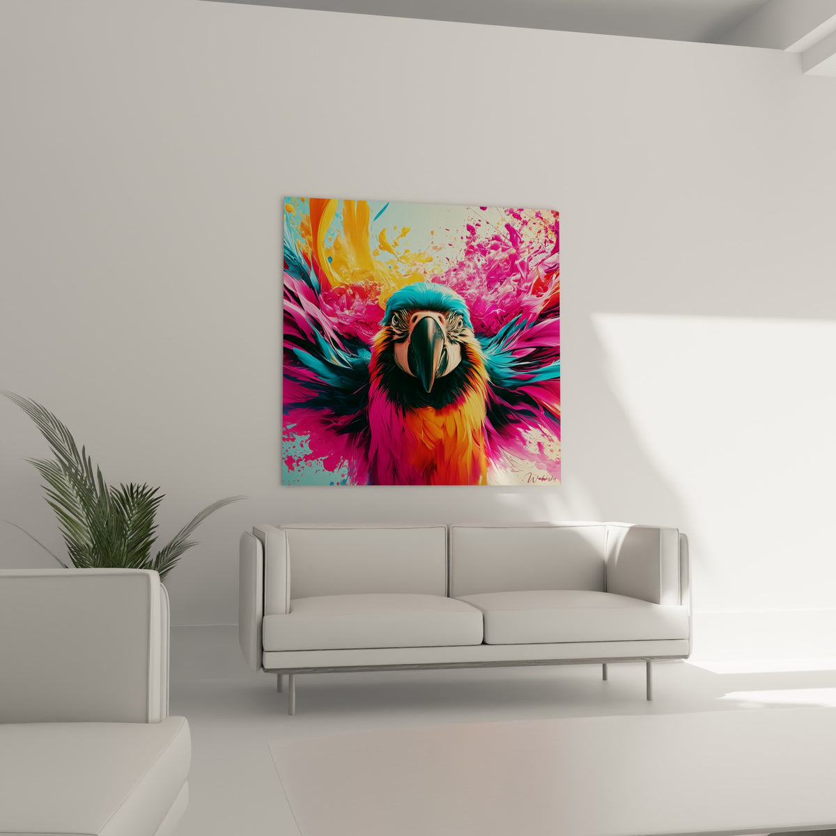 Perroquet coloré aux teintes orange et bleu vif, disposé au-dessus d'un canapé dans un salon lumineux