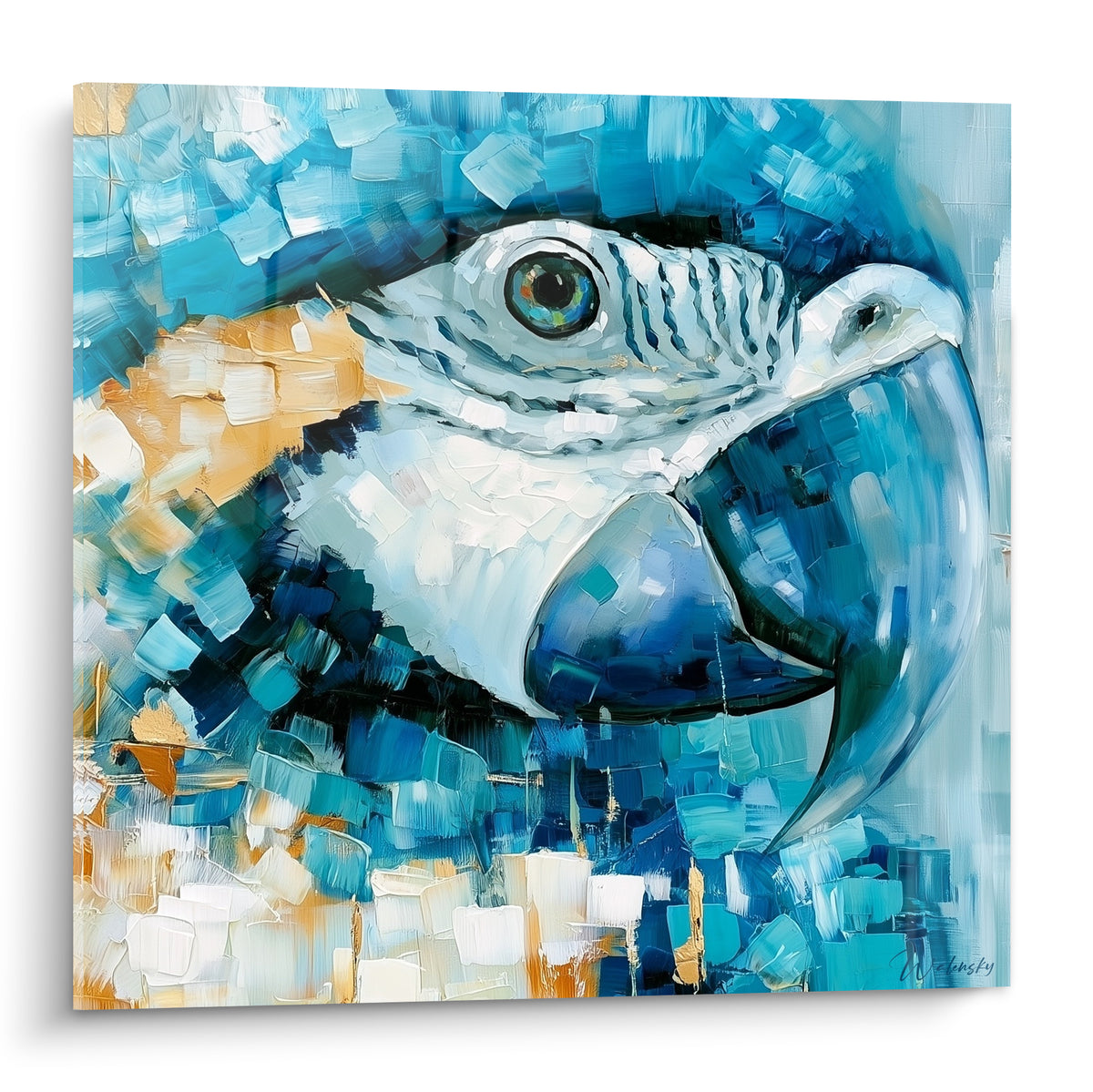 Perroquet en gros plan aux touches bleu turquoise et dorées, œil perçant peint au couteau