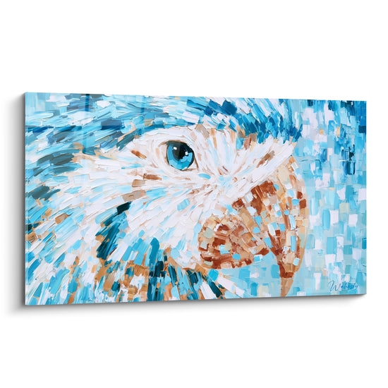 Perroquet en gros plan aux plumes bleu turquoise et blanc, bec cuivré texturé, œil perçant peint au couteau