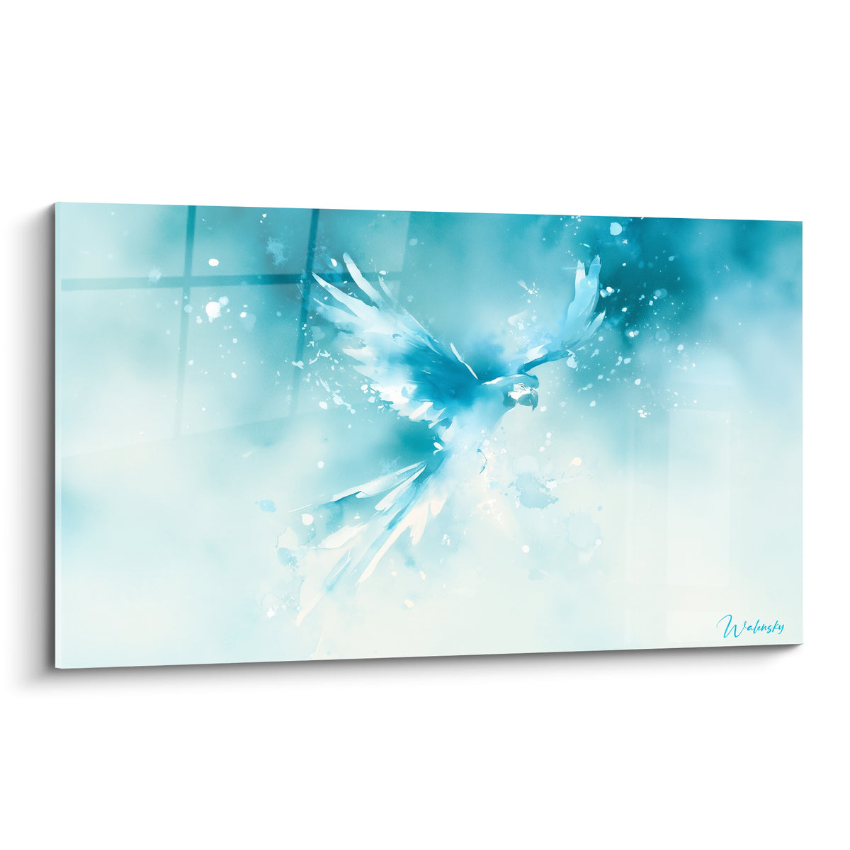 Perroquet bleu turquoise et blanc glacé aux ailes déployées en aquarelle vaporeuse