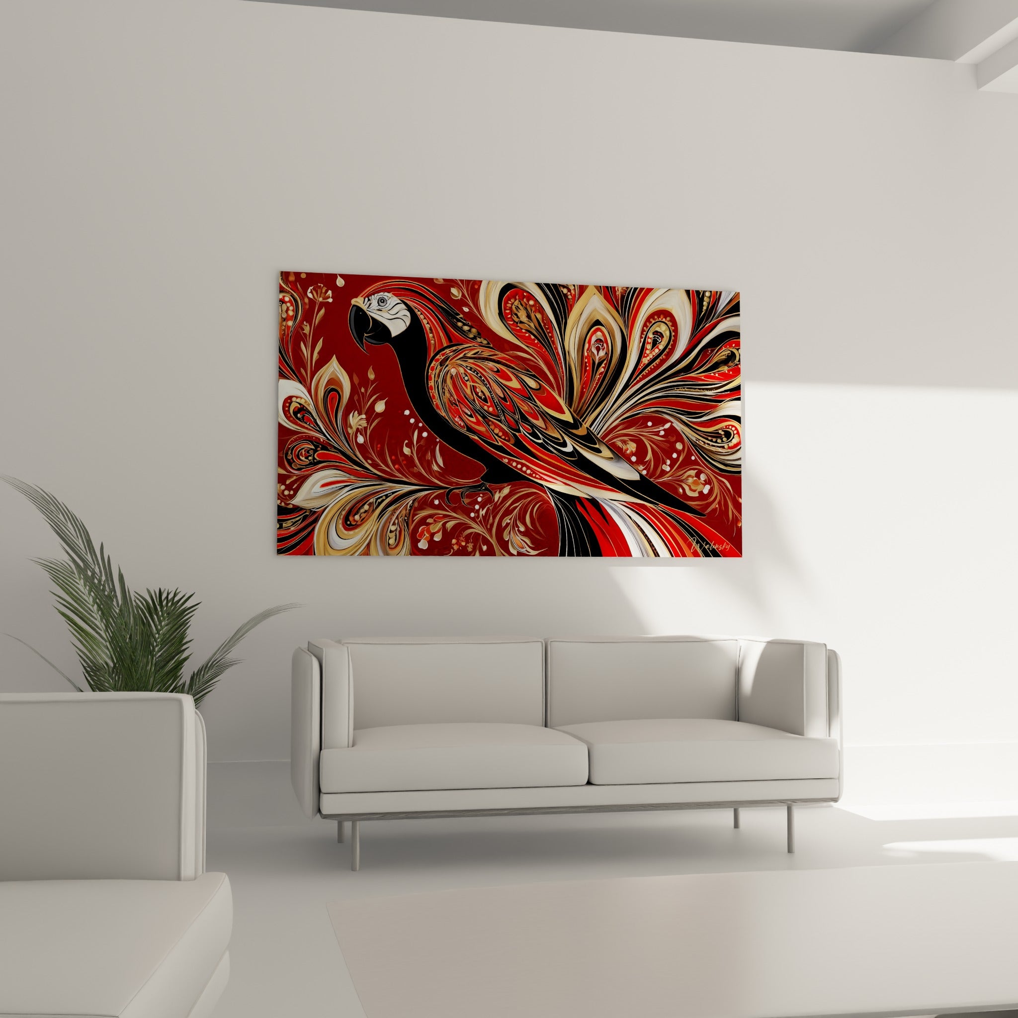 Plumage flamboyant noir et or d'un perroquet stylisé, au-dessus d'un canapé dans un salon lumineux