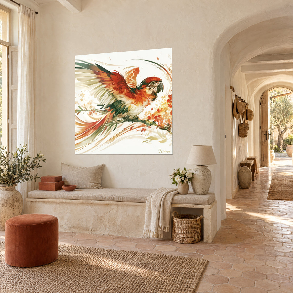 Tableau oiseau tropical en plein envol, plumage orange et vert sombre, branche fleurie, dans l'entrée d'un mas provençal