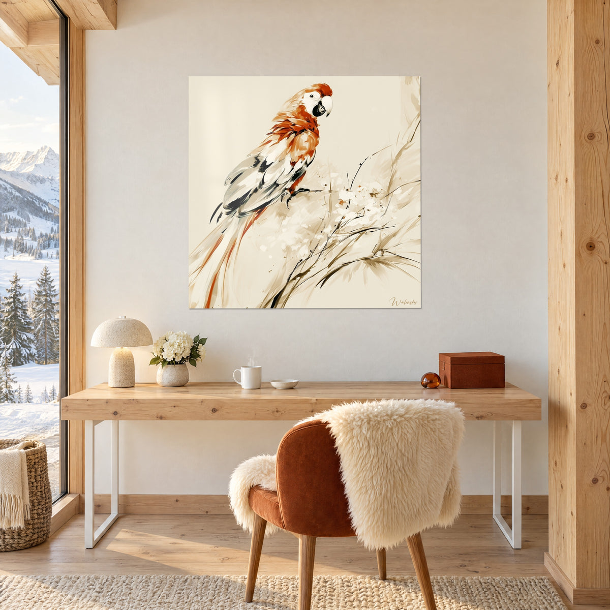 Quadro grande ara su ramo sottile, toni ruggine e beige, appeso sopra una scrivania in legno chiaro, lampada bianca e poltrona color ruggine