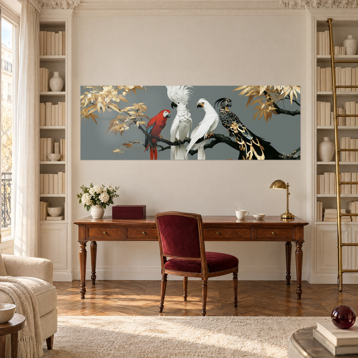 Tableau cacatoès huppé blanc et perruches rouge vif sur rameau doré, fond gris, accroché entre deux bibliothèques d'un bureau