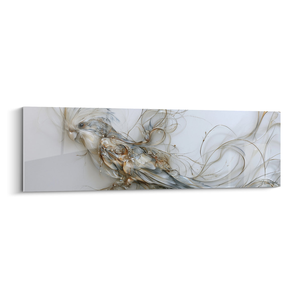 Cacatoès blanc aux plumes dorées et volutes filiformes sur fond clair, style éthéré et raffiné