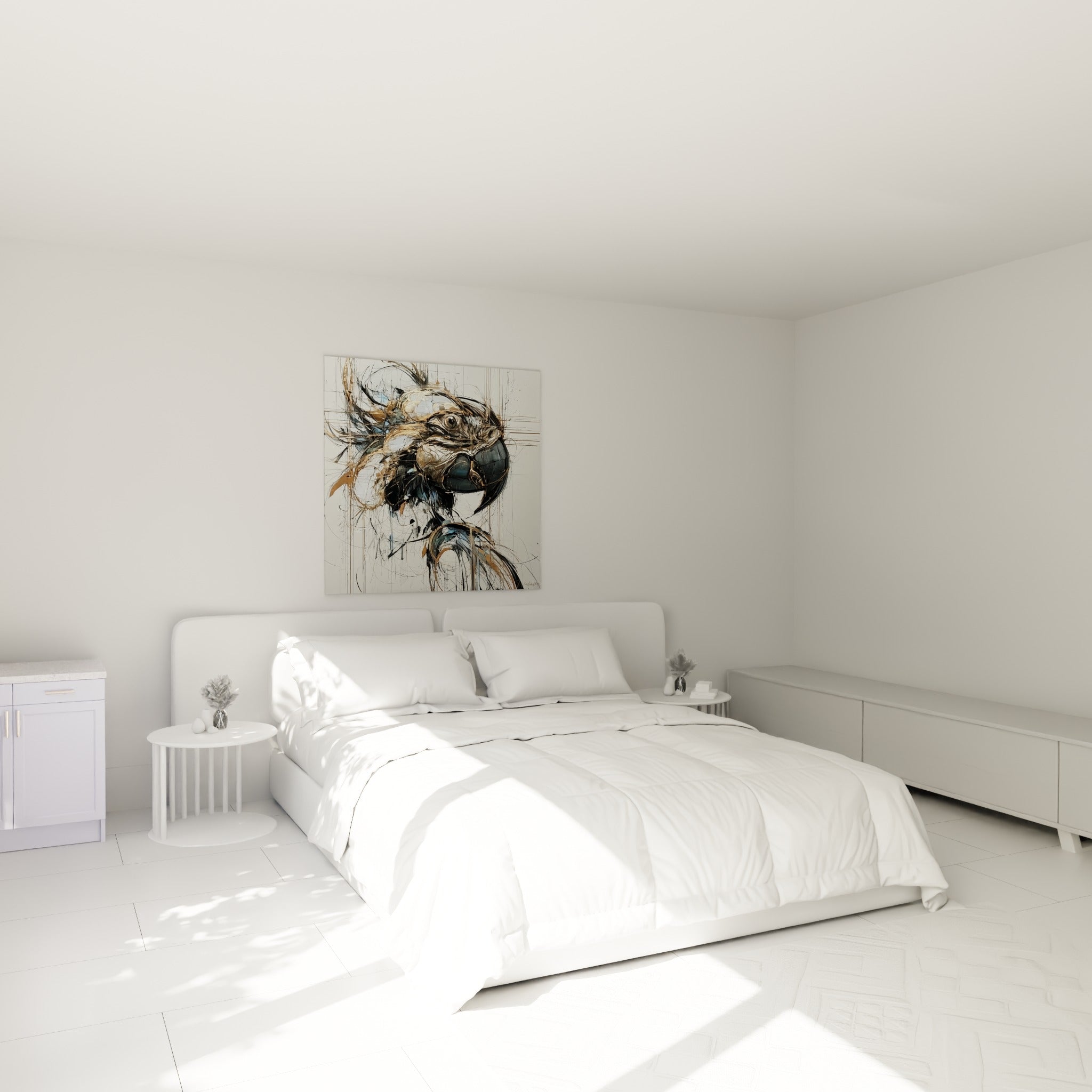 Perroquet blanc et doré aux traits nerveux, accroché au-dessus d'un lit dans une chambre claire