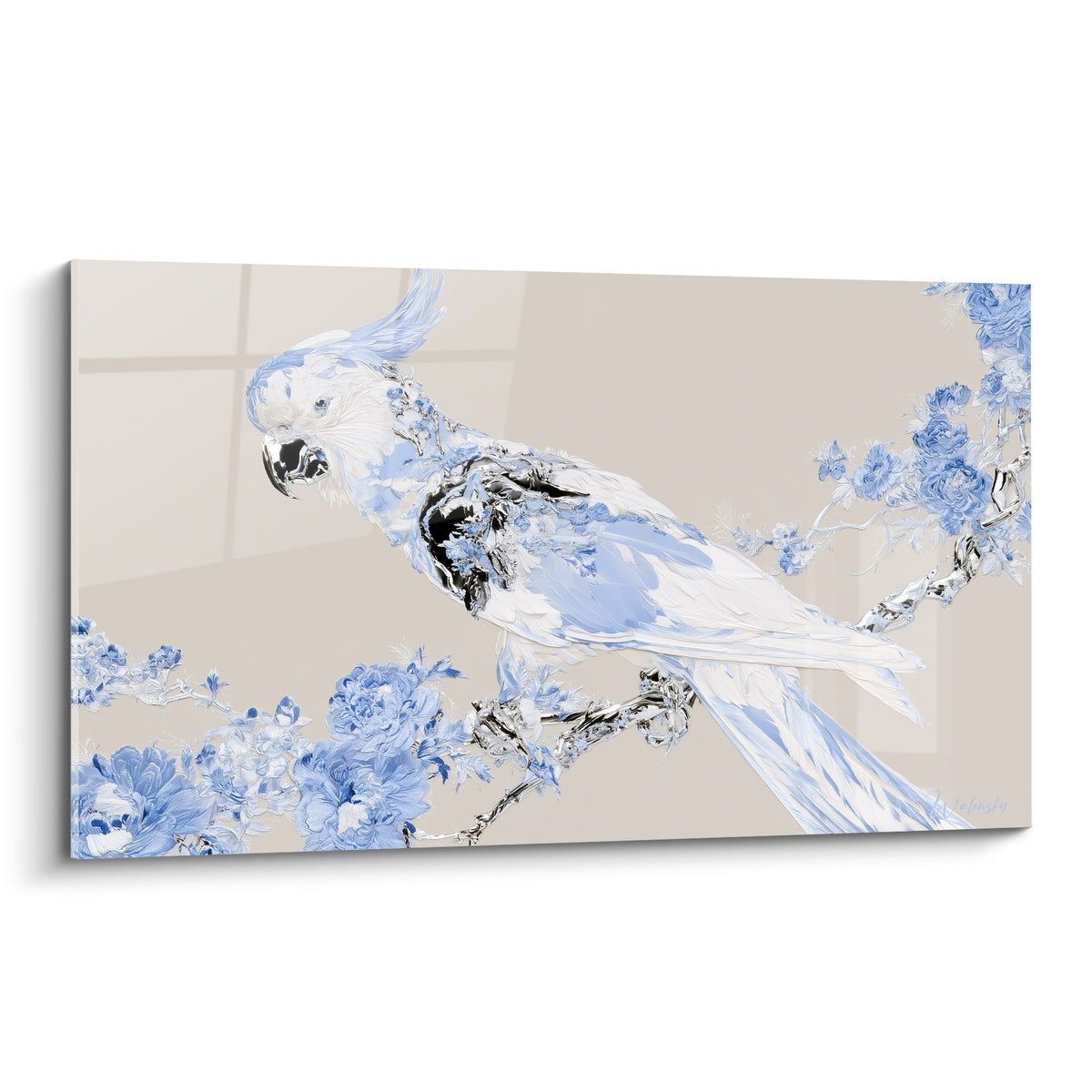 Cacatoès blanc et bleu pastel perché sur une branche fleurie argentée