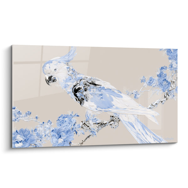 Tableau Cacatoès blanc et bleu sur branche fleurie - Élégance porcelaine - Edition Perroquet