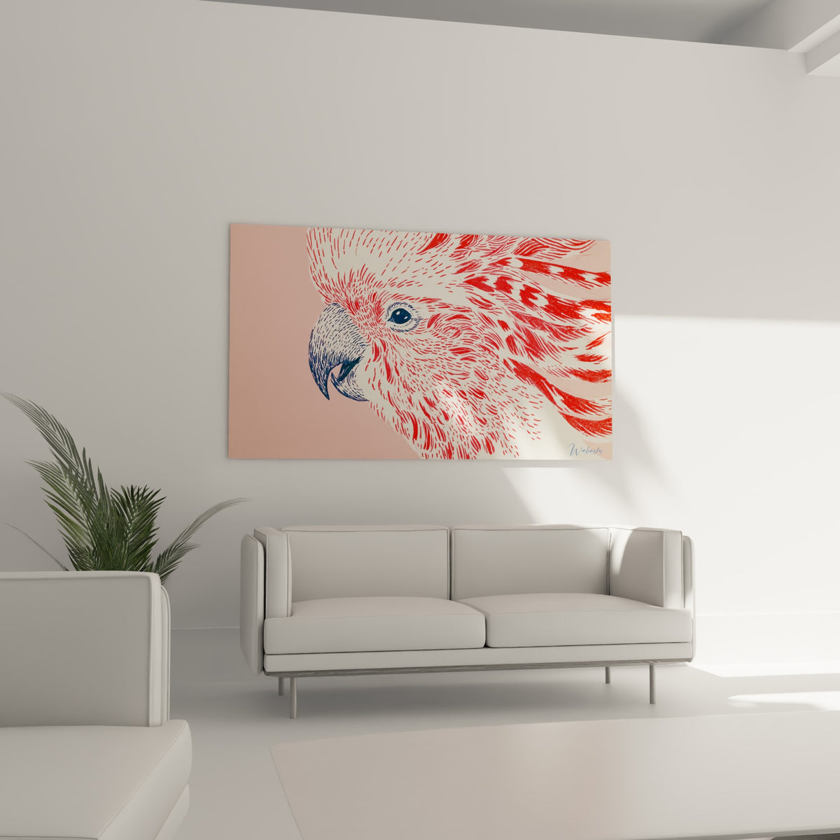 Cacatoès aux plumes rouge corail sur fond rose, accroché au-dessus d'un canapé dans un salon lumineux