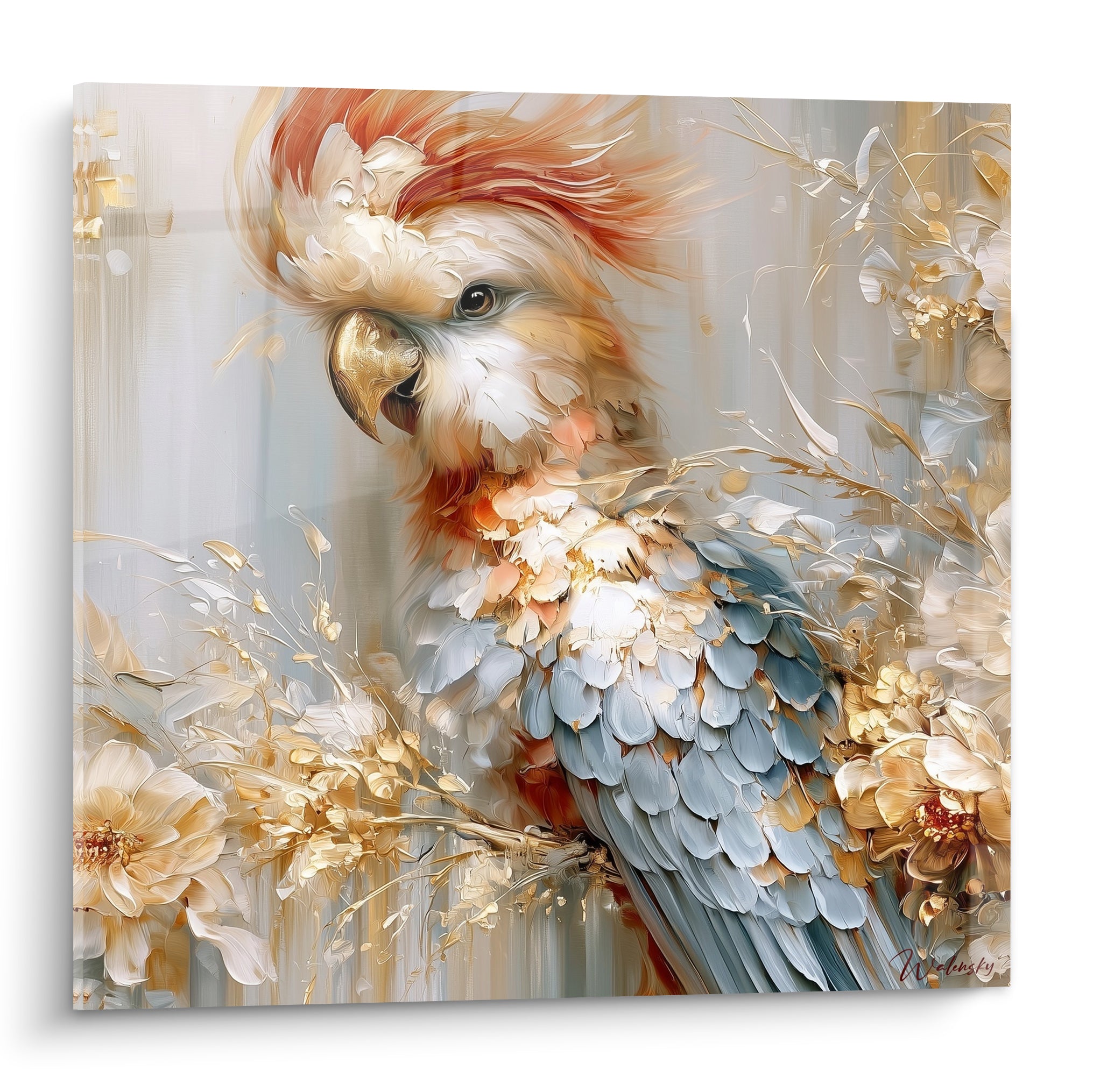 Cacatoès blanc à huppe terracotta et plumage bleu pastel parmi des fleurs dorées peintes