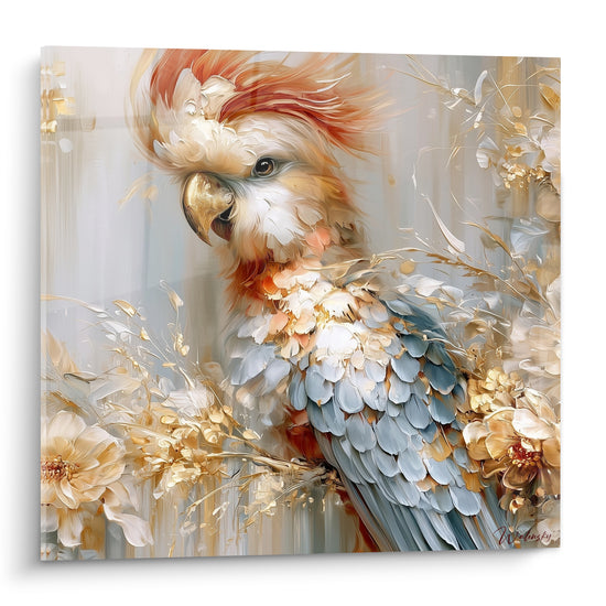 Cacatoès blanc à huppe terracotta et plumage bleu pastel parmi des fleurs dorées peintes
