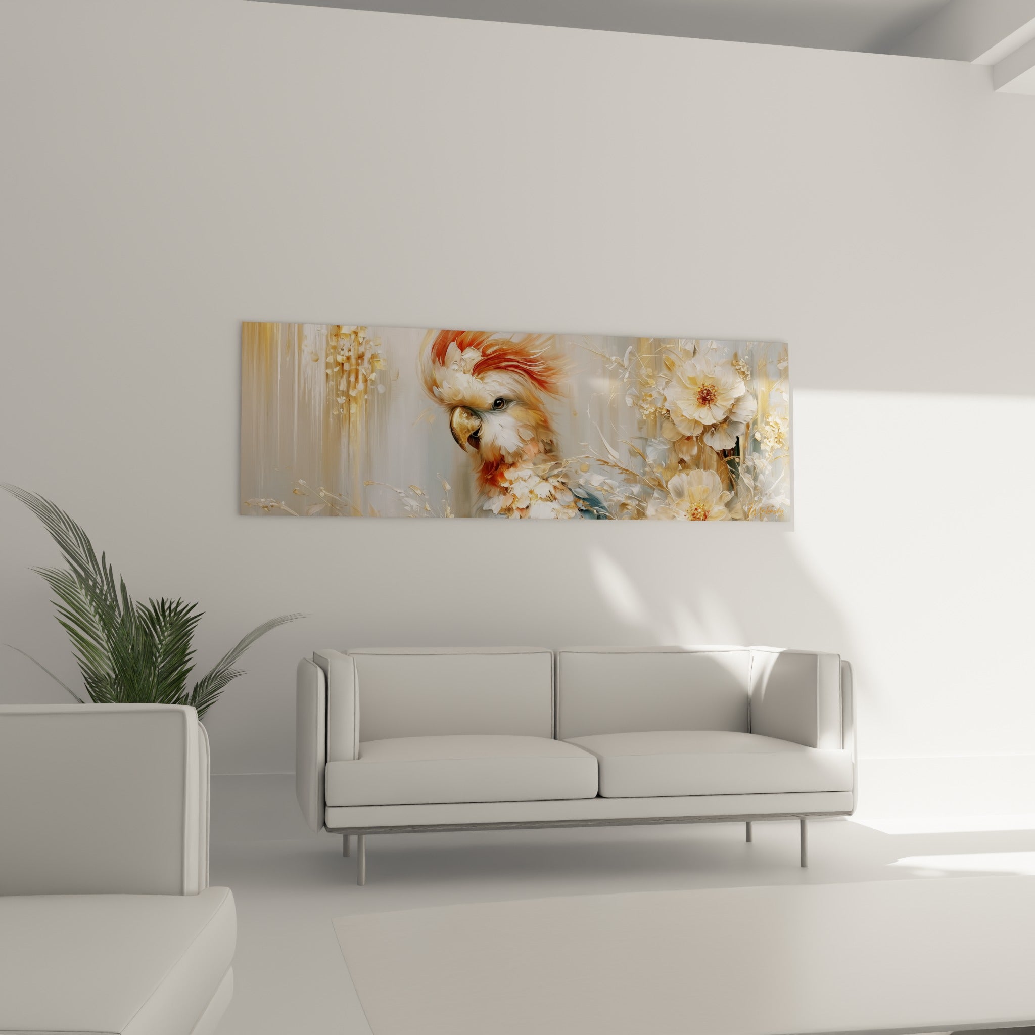 Cacatoès corail et blanc parmi les pétales dorés au-dessus d'un canapé dans un salon lumineux