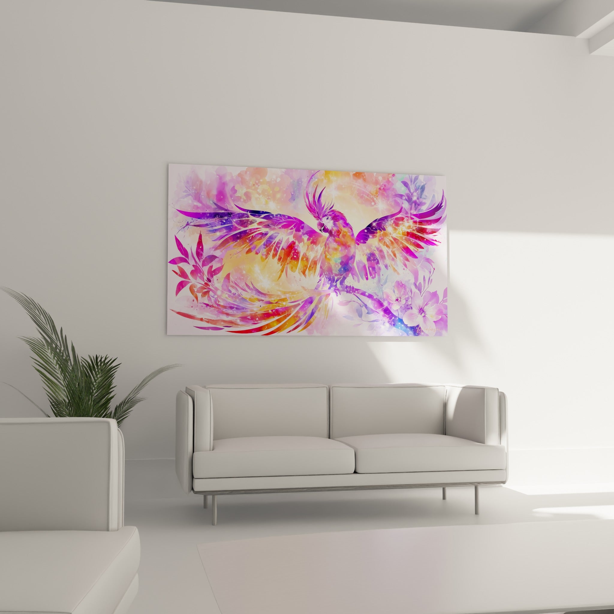 Oiseau coloré aux tons fuchsia et orangés déployant sa queue, au-dessus d'un canapé dans un salon lumineux