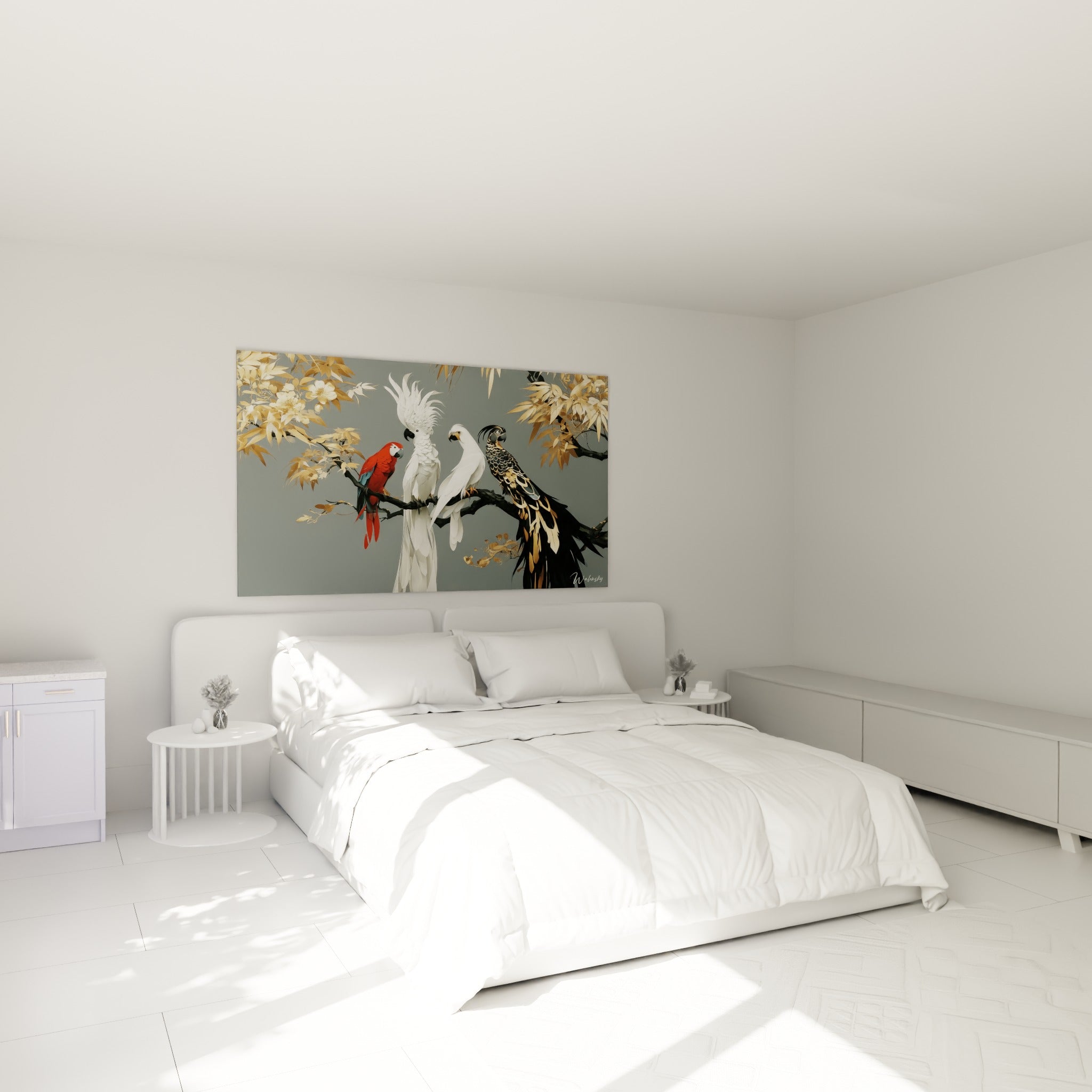 Oiseaux aux plumages rouge, blanc et noir sur branche dorée, au-dessus d'un lit dans une chambre claire