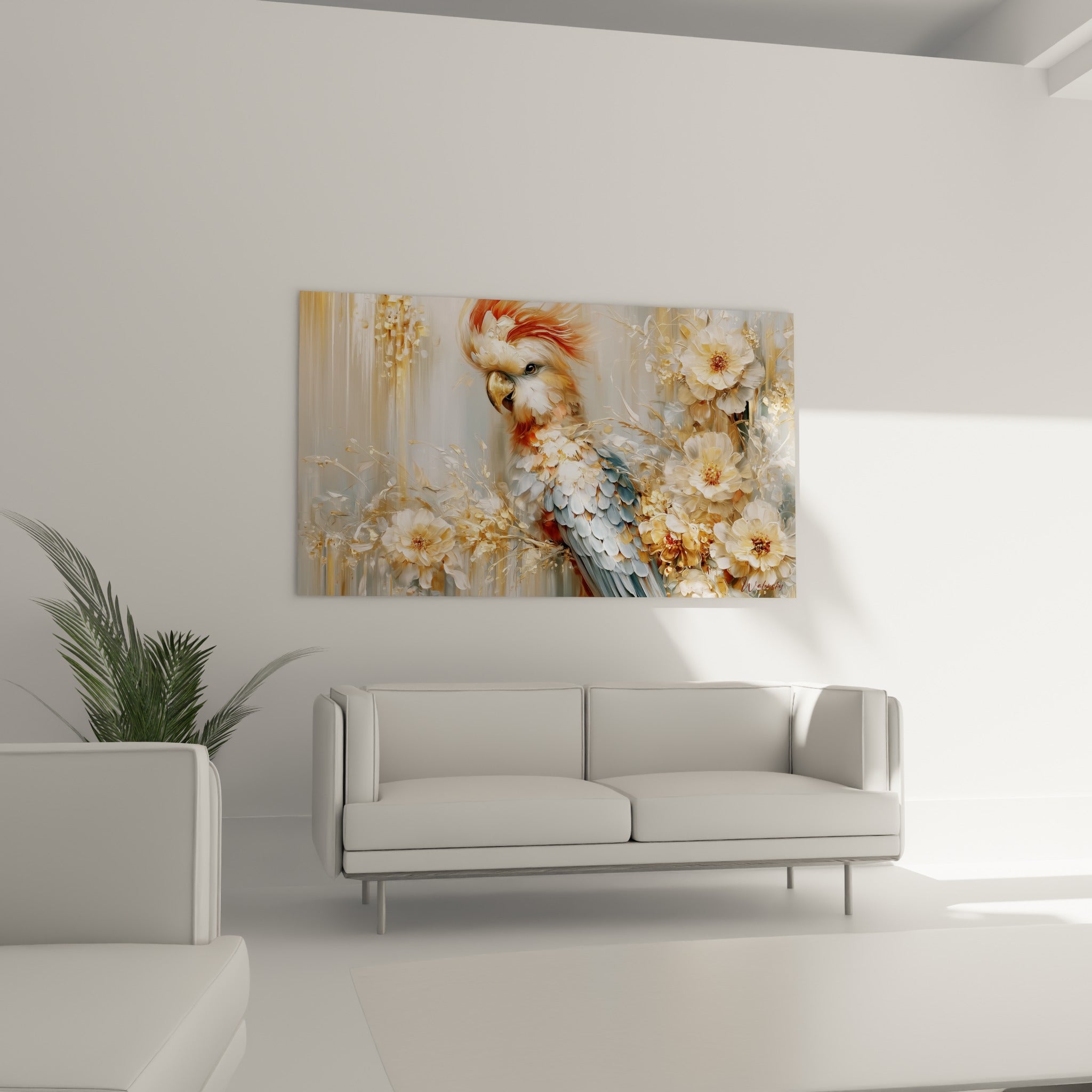 Oiseau cacatoès aux tons ocre et bleu pastel niché dans des pétales blancs, au-dessus d'un canapé dans un salon lumineux