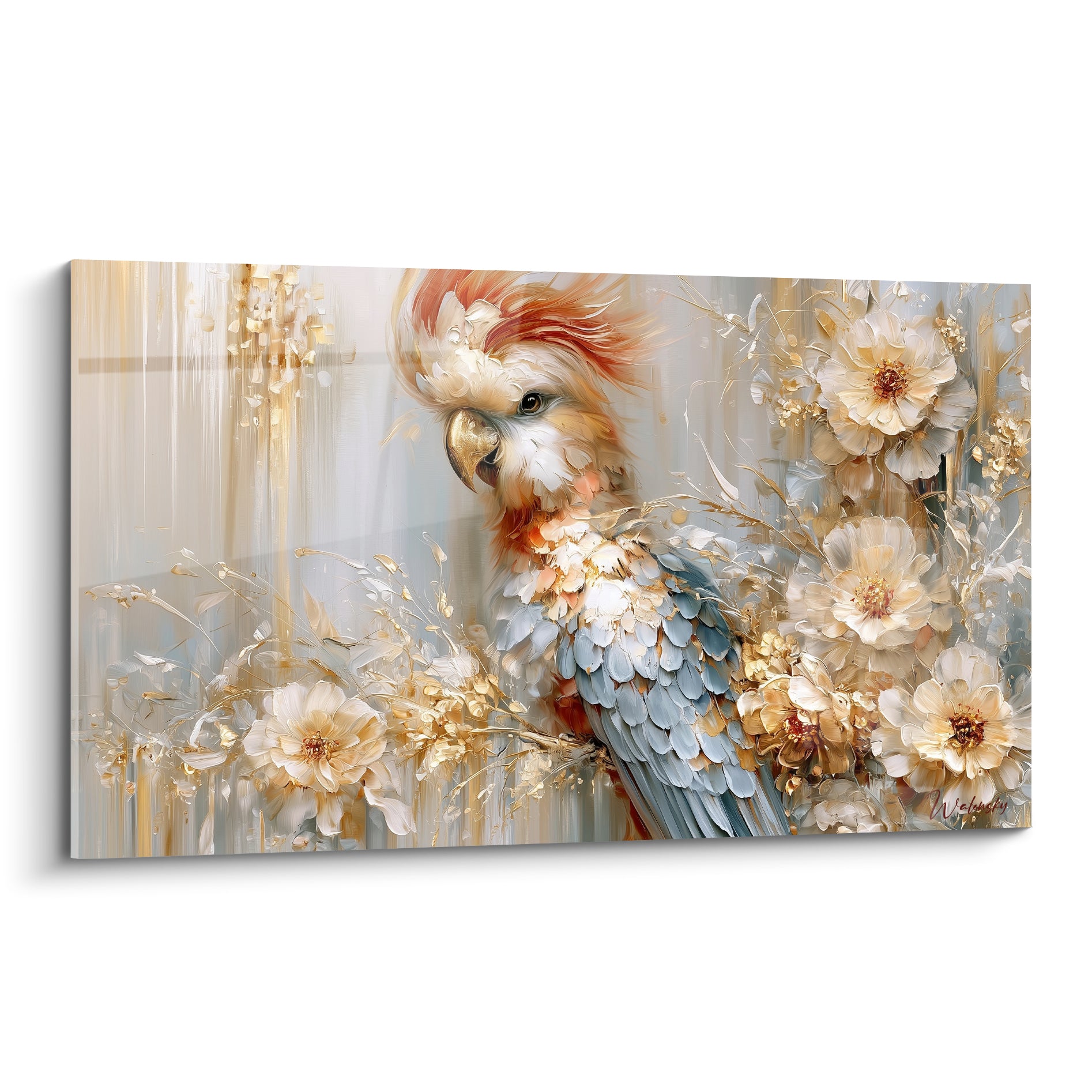 Cacatoès aux plumes bleu pastel et huppe orangée, entouré de fleurs blanches dorées