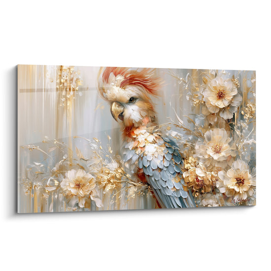 Cacatoès aux plumes bleu pastel et huppe orangée, entouré de fleurs blanches dorées