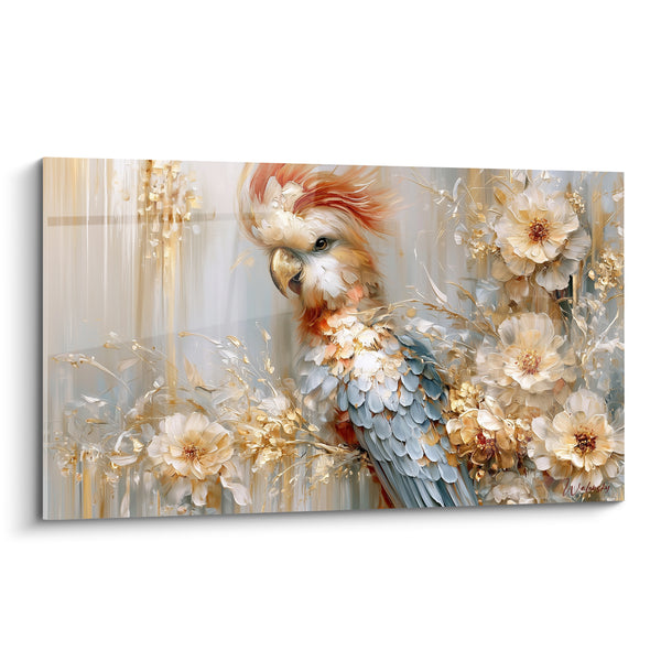 Tableau Cacatoès parmi les fleurs blanches dorées - Refuge fleuri - Edition Perroquet
