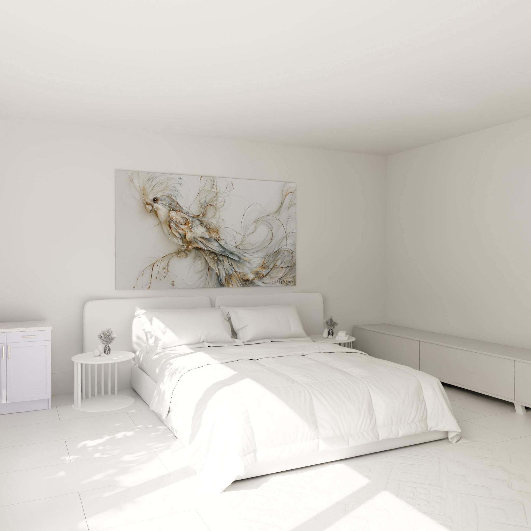 Perroquet gris et or aux mèches vaporeuses accroché au-dessus d'un lit dans une chambre claire