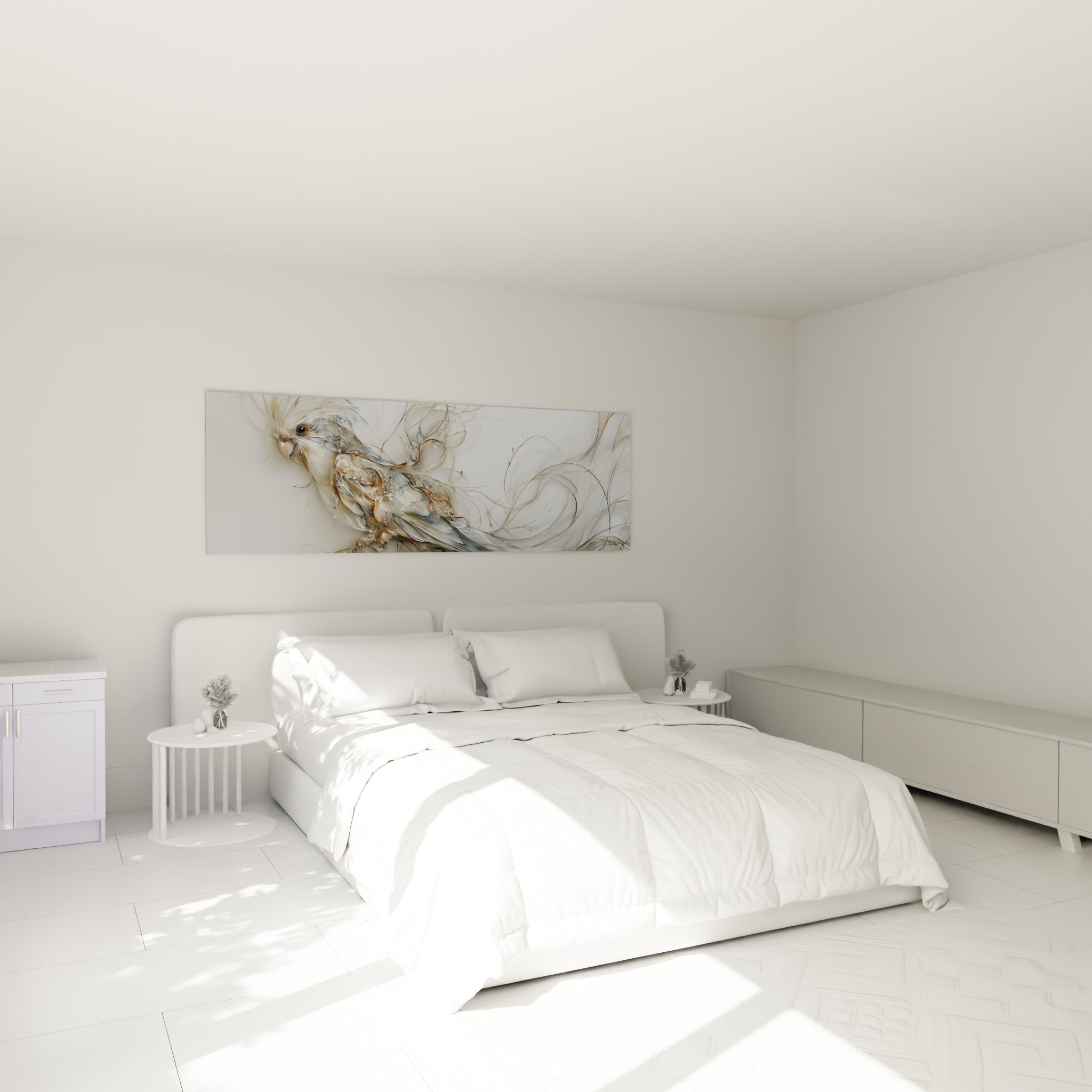 Perroquet blanc et doré aux courbes fluides installé au-dessus d'un lit dans une chambre claire