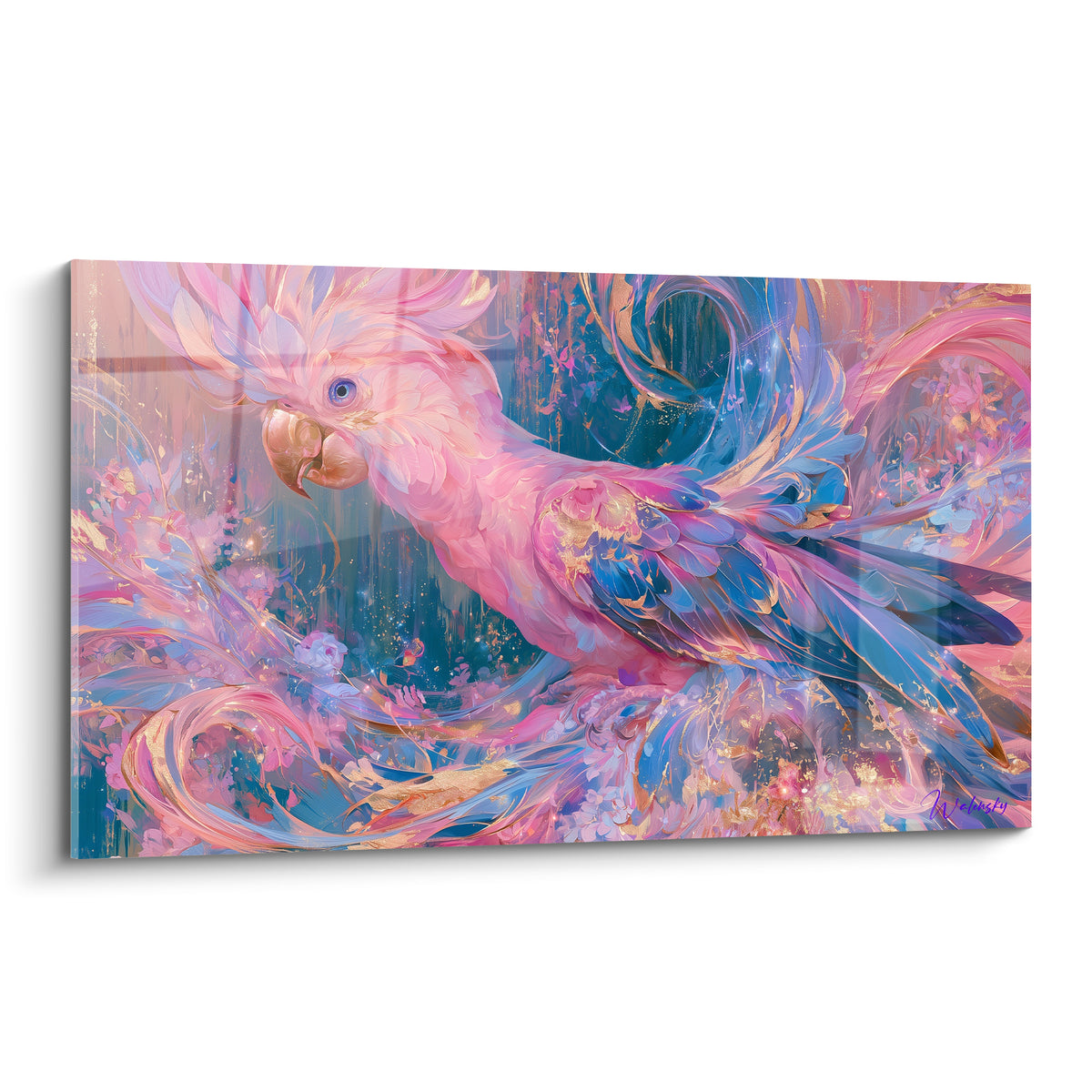 Cacatoès rose pastel aux ailes bleu marine et dorées, plumage éclatant sur fond bleu pétrole tourbillonnant