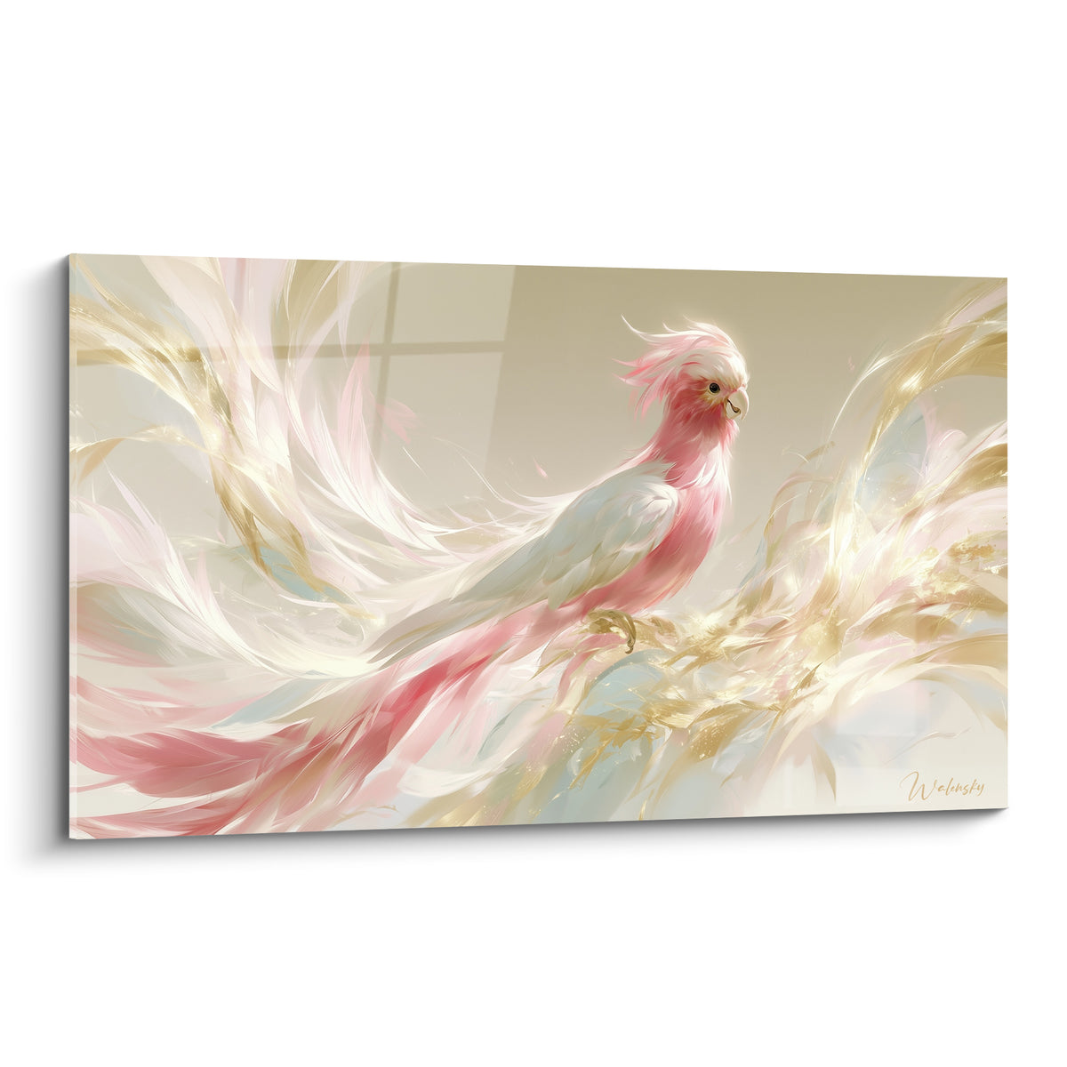 Cacatoès rose et doré aux plumes envolées, composition aquarelle sur fond beige lumineux