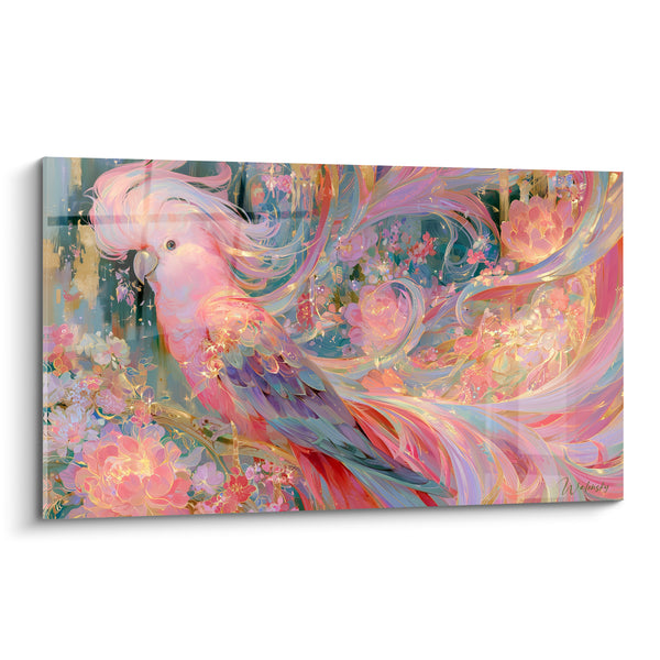 Tableau Cacatoès rose et doré parmi les fleurs - Songe fleuri - Edition Perroquet