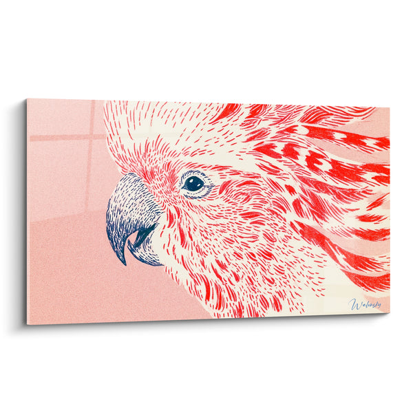 Tableau Cacatoès blanc et rouge au bec bleu marine - Plumes striées gravées - Edition Perroquet