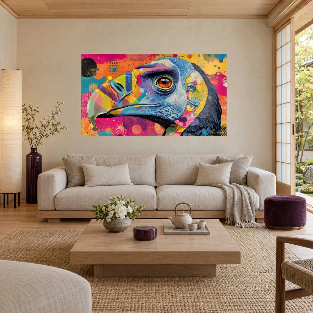 Quadro avvoltoio con becco giallo e rosa, occhio arancione cerchiato di giallo, sfondo fucsia, sopra un divano in un soggiorno luminoso