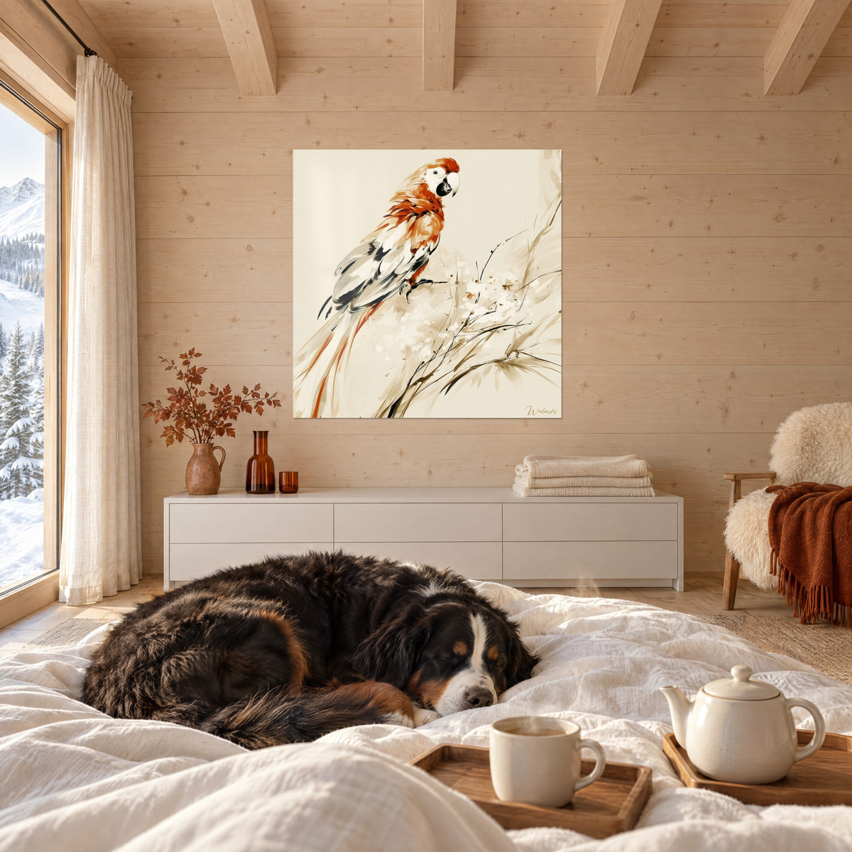 Quadro uccello dalle piume ramate e bianche, un cane nero e fuoco dorme sul letto, sopra un letto in una camera luminosa