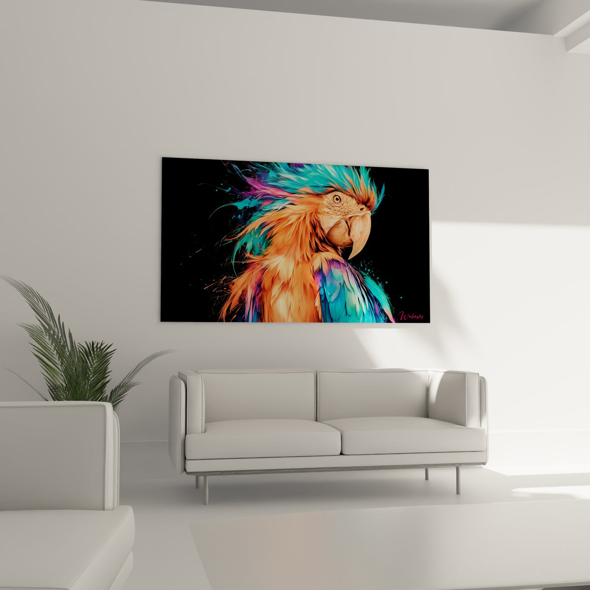 Perroquet flamboyant en orange et violet sur fond anthracite, au-dessus d'un canapé dans un salon lumineux