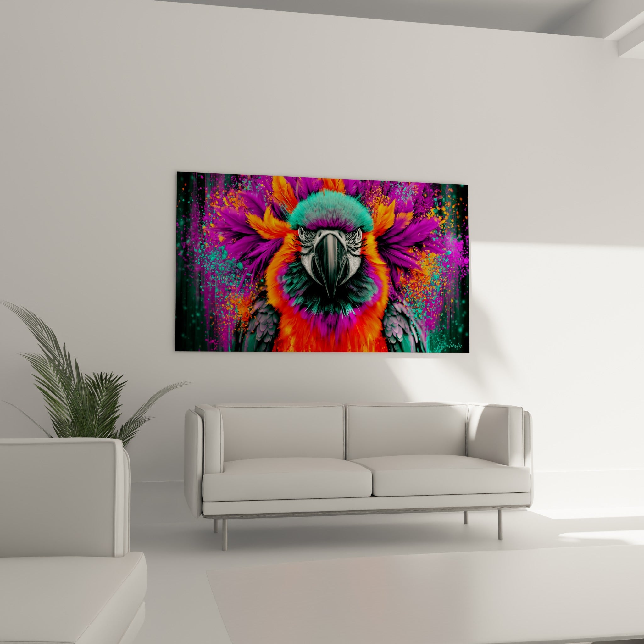 Perroquet coloré turquoise et violet suspendu au-dessus d'un canapé dans un salon lumineux