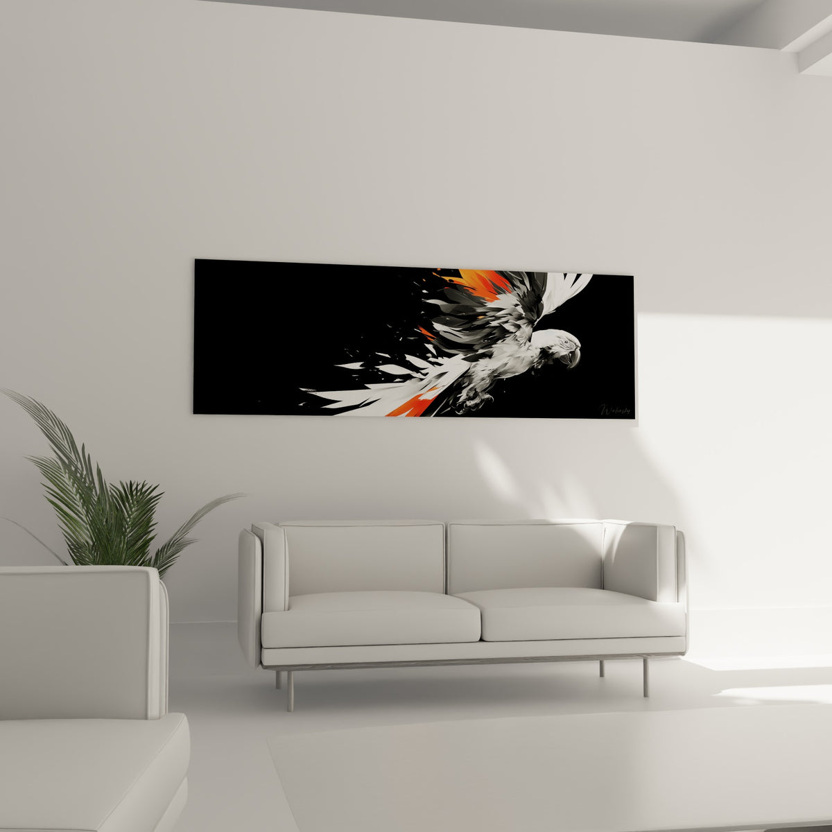 Envol de perroquet contrasté blanc et anthracite, au-dessus d'un canapé dans un salon lumineux