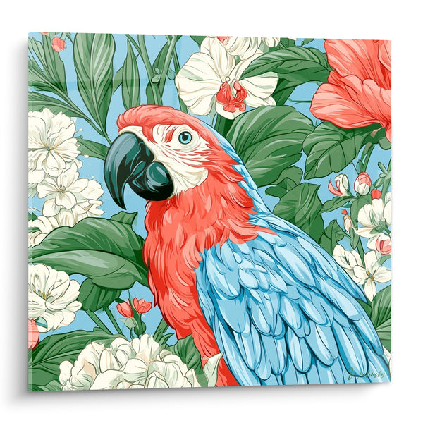Tableau Perroquet rouge et bleu parmi fleurs blanches - Jardin luxuriant - Edition Perroquet