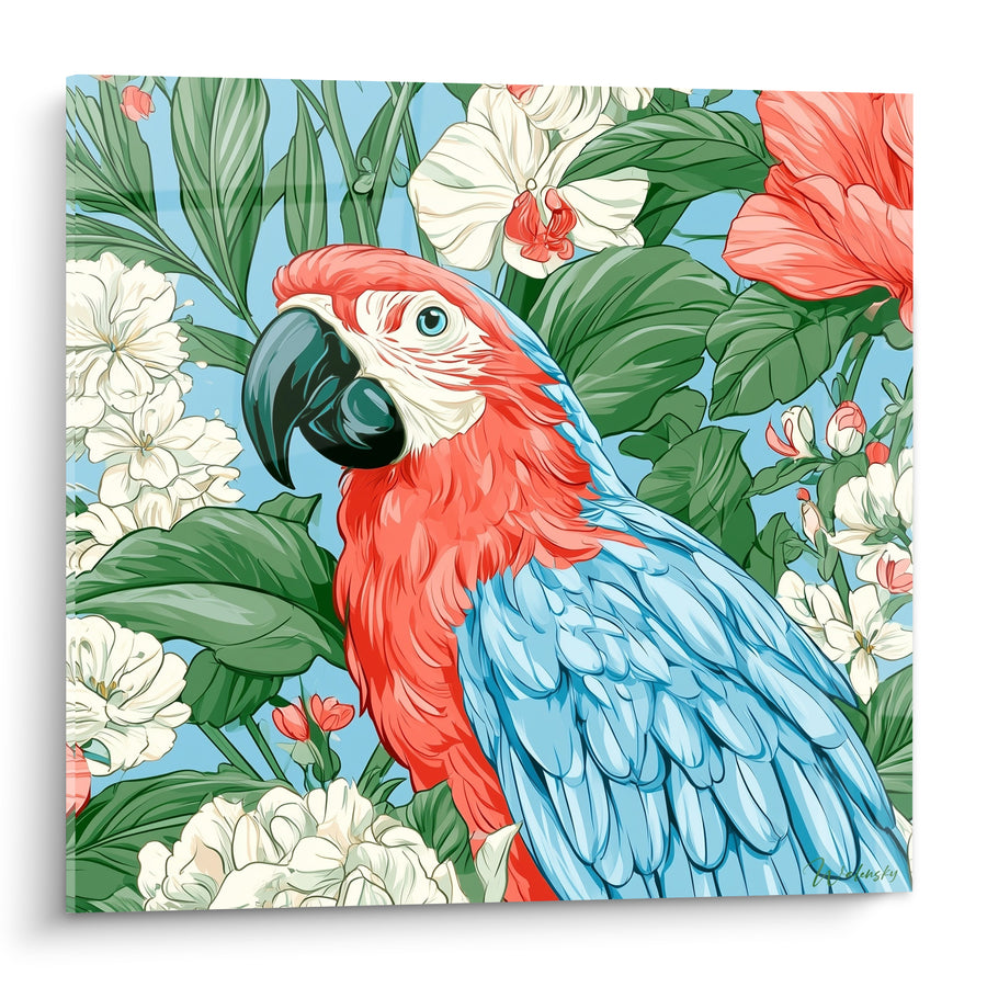 Tableau Perroquet rouge et bleu parmi fleurs blanches - Jardin luxuriant - Edition Perroquet